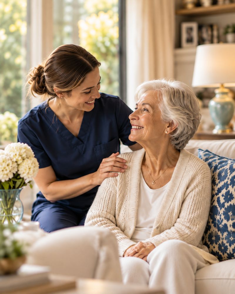 A caregiver in a navy uniform with her hand on the shoulder of a smiling older woman on a sofa