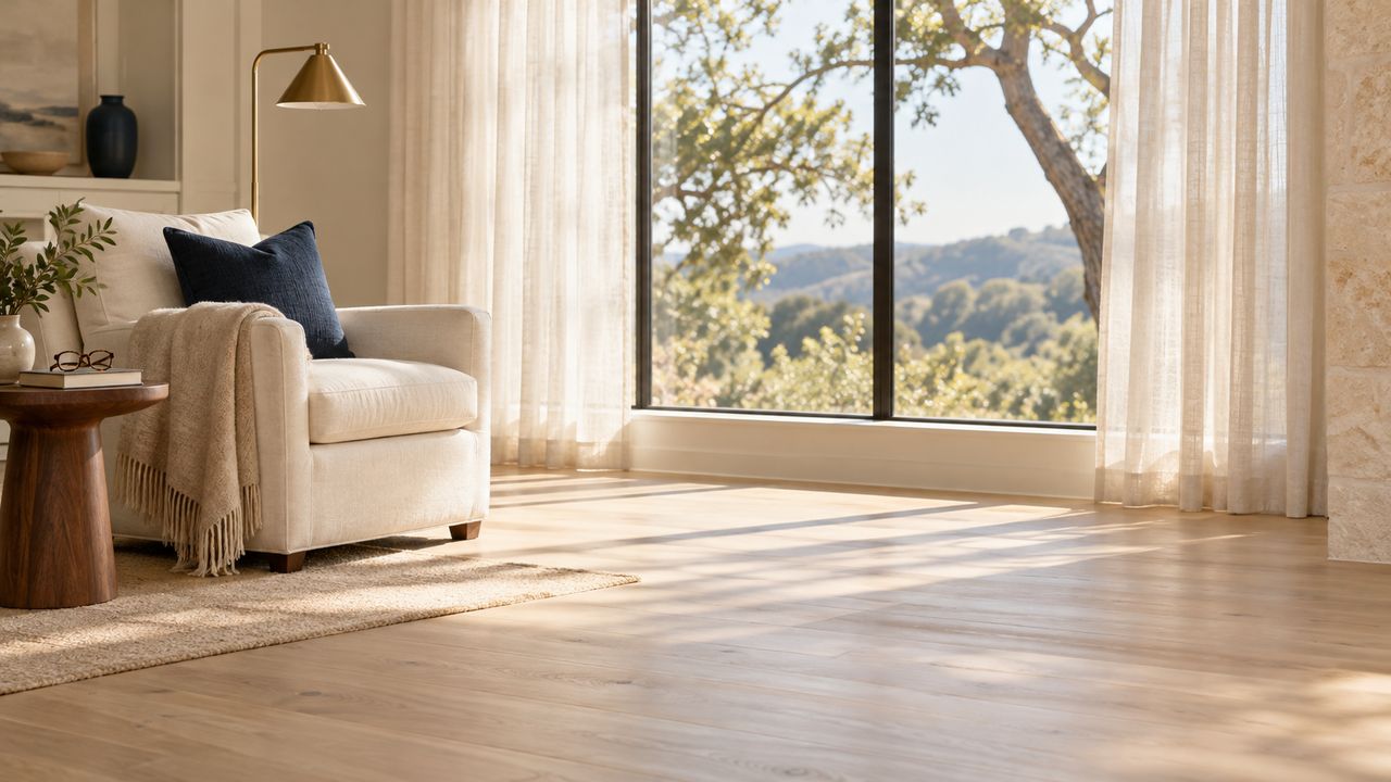 A sunlit living room with a linen armchair beside a tall window