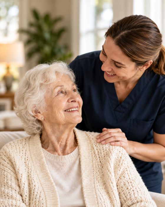 A caregiver in a navy uniform with her hand on the shoulder of a smiling older woman