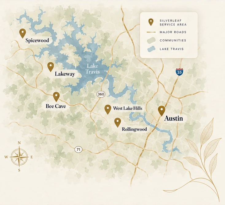 Illustrated map, not to scale, of the Silverleaf Home Care service area: Austin, Rollingwood, West Lake Hills, Bee Cave, Lakeway and Spicewood around Lake Travis.