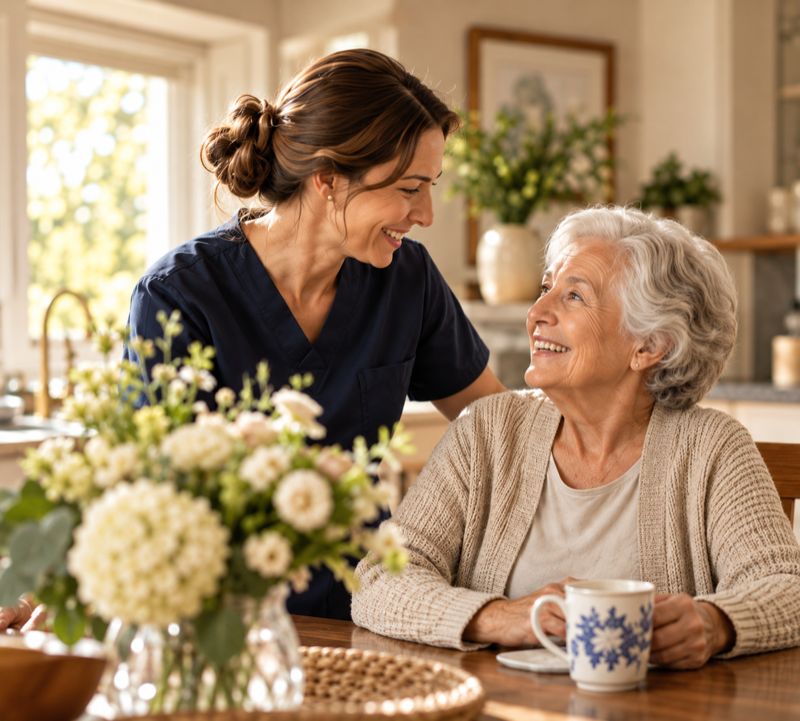 A caregiver in a navy uniform sharing a smile with an older woman over a cup of tea