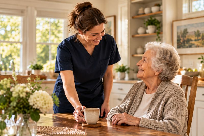 A caregiver in a navy uniform bringing a cup of tea to an older woman at a kitchen table